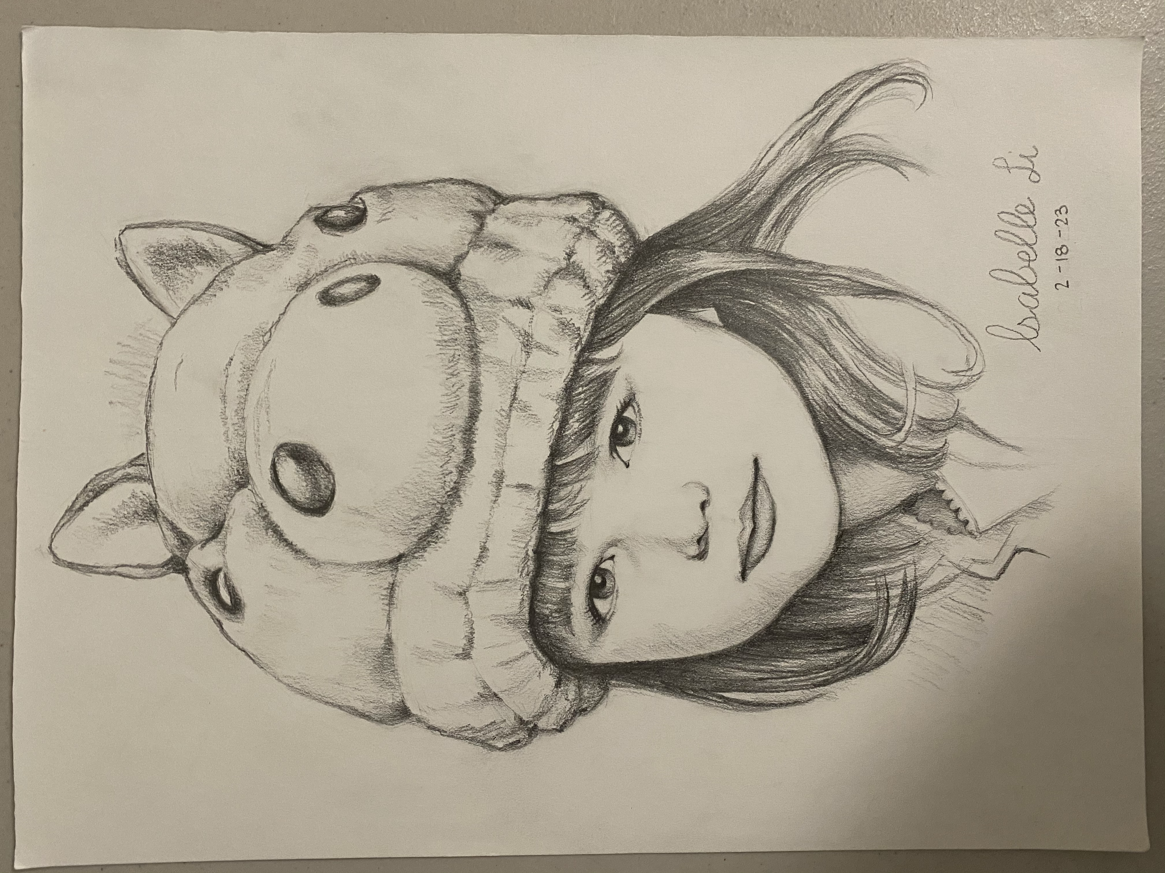 drawing of a little girl with a cow beanie